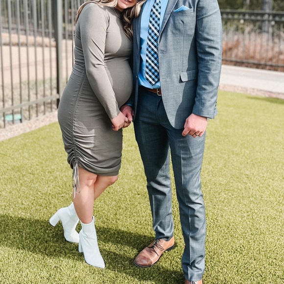 PinkBlush Olive Ribbed Side Tie Maternity Fitted Dress - Picture 3 of 7